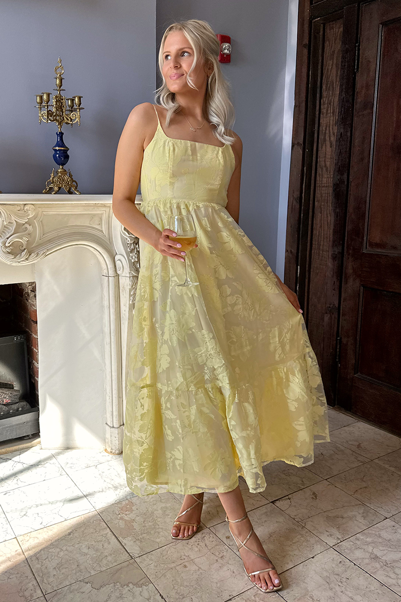 Boat Neck Floral Pattern Backless A-Line Midi Slip Dresses-Yellow