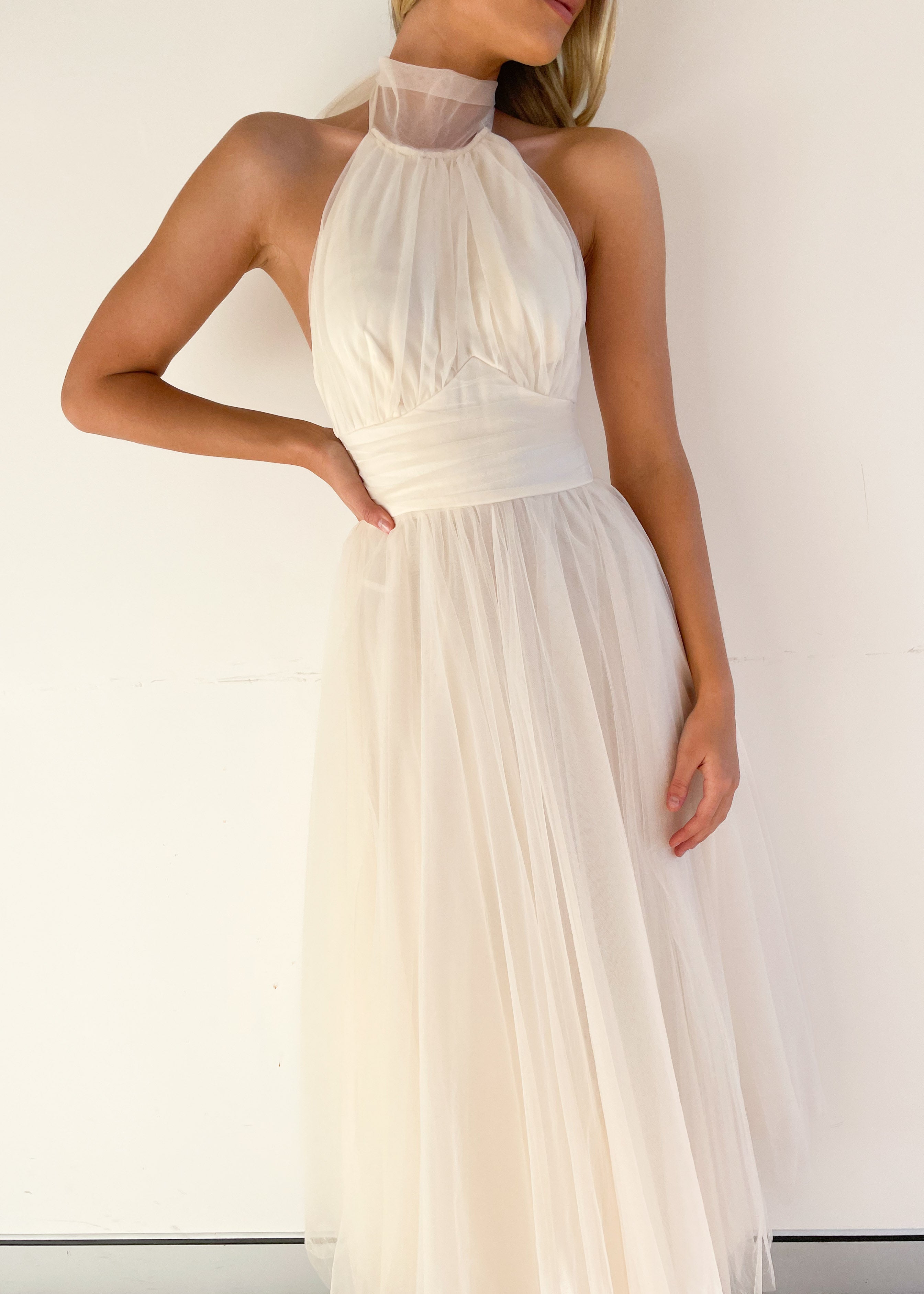 Tulle Halter Bow Backless Prom Maxi Dresses