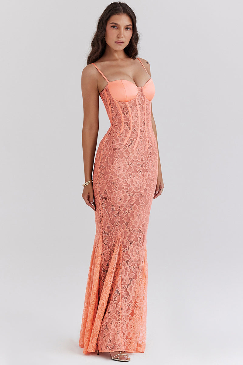 Floral Guipure Lace Corset Party Fishtail Maxi Slip Dresses-Coral