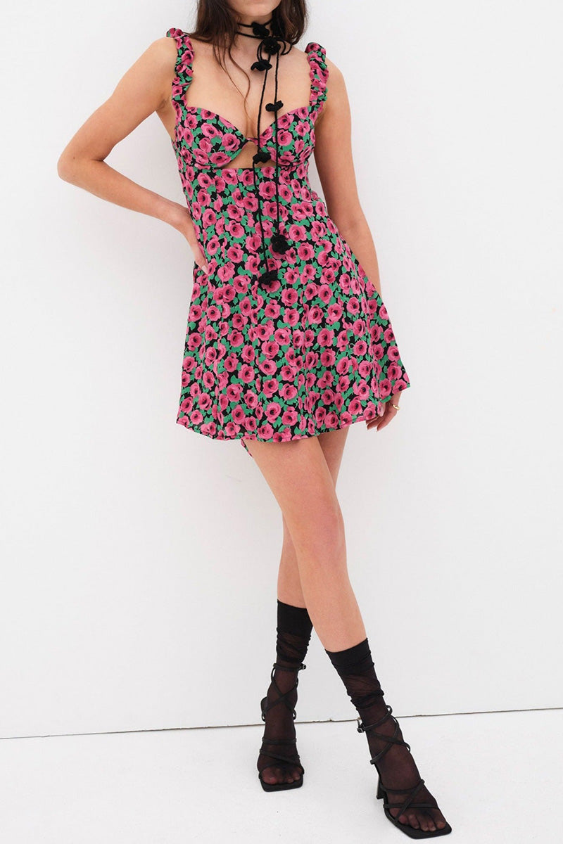 Irregular Neck Straps Cutout Tied Up Backless Vacation Floral Print Mini Dresses