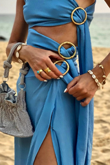 Sloping Shoulder Cutout High Slit Sleeveless Flowy Maxi Dresses-Blue