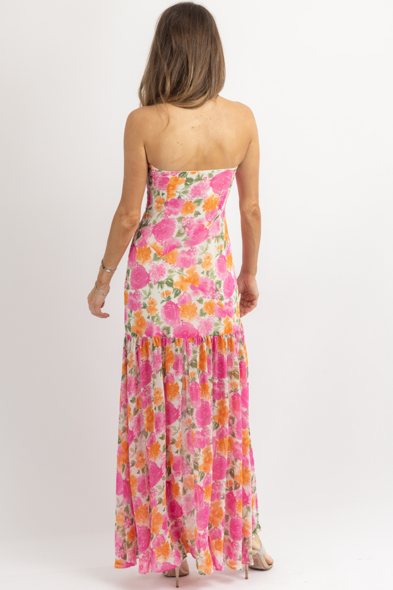 Floral Print Strapless Slit Side Flowy Maxi Dresses-Pink