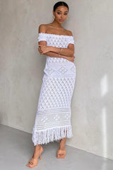 Off Shoulder Hollow Out Boho Knit Fringe Hem Vacation Maxi Dresses-White
