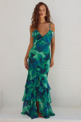 Backless V Neck Layered Ruffle Floral Print Front Slit Maxi Dresses-Green