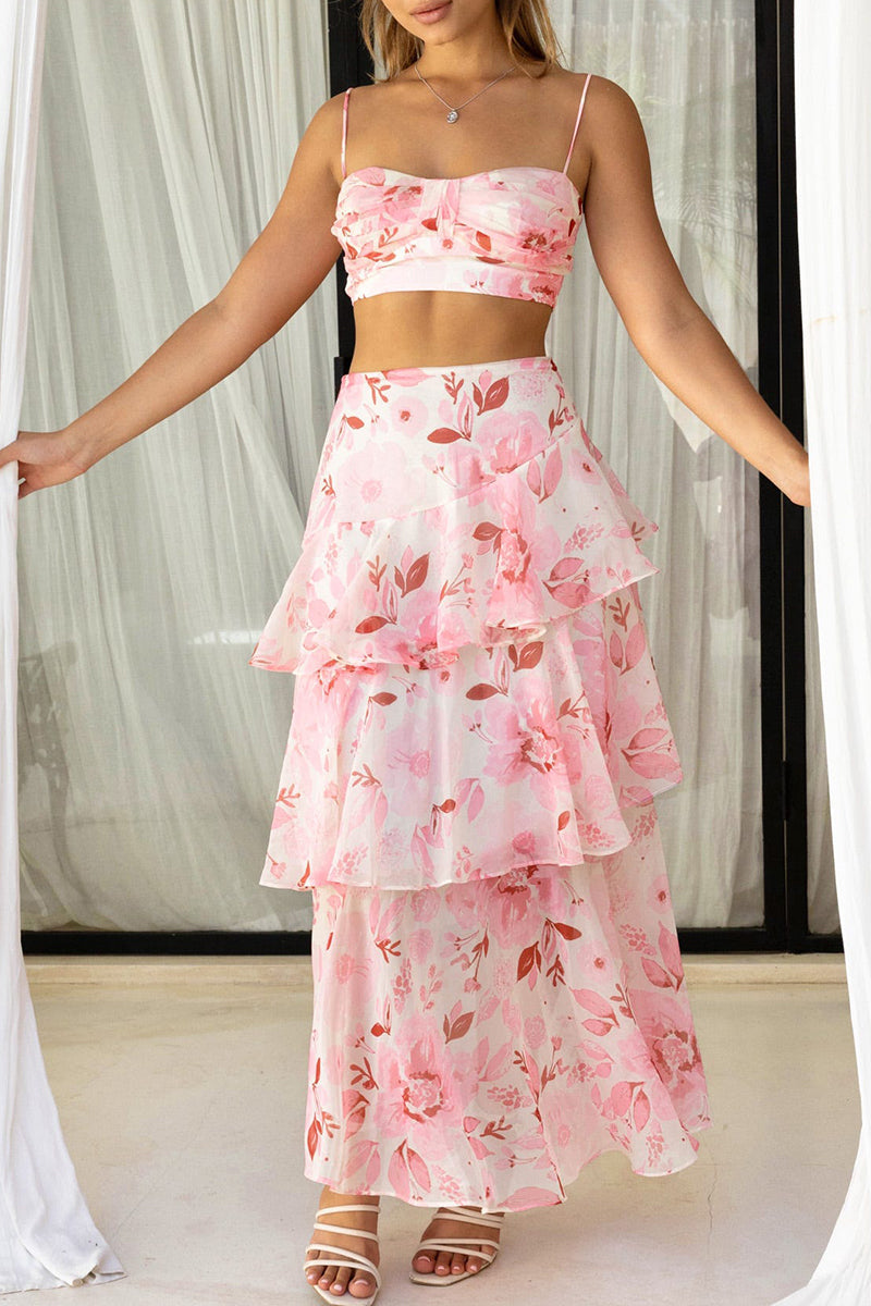 Floral Print Cami Crop Top Layered Maxi Skirt Matching Set-Pink