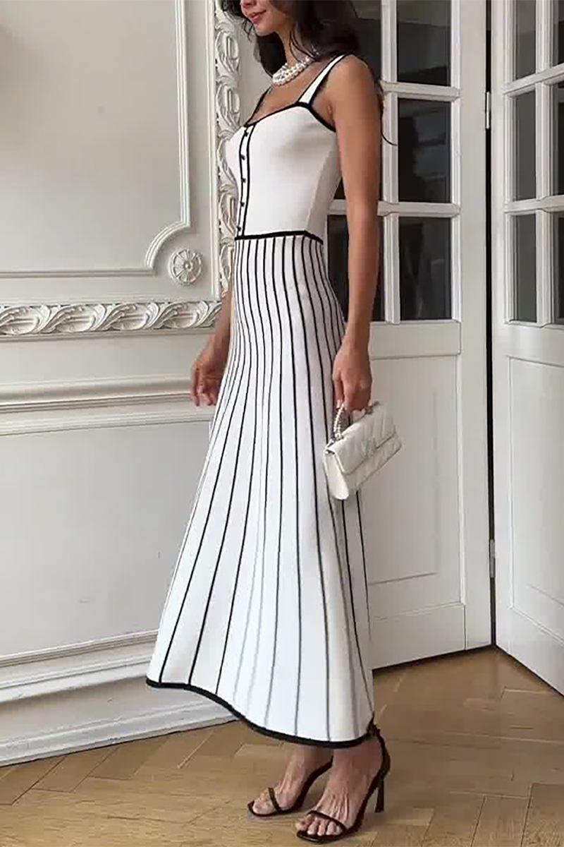 Knit Colorblock Trim Striped A-Line Slip Maxi Dresses-White
