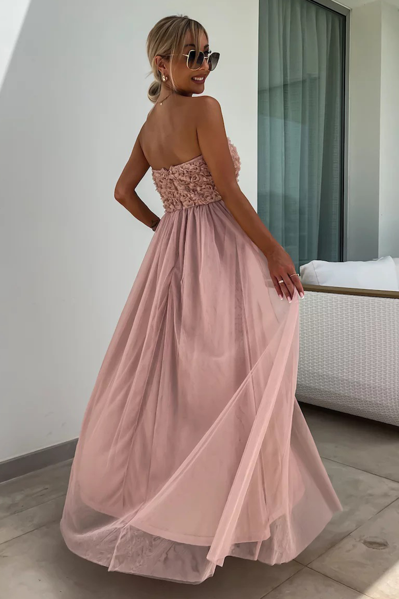 Floral Textured Pattern Strapless A-Line Slit Flowy Maxi Dresses-White
