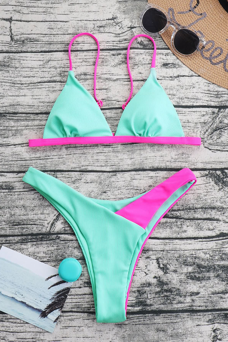 Backless Colorblock Cami Deep V Neck 2 Pieces Swimsuit Set