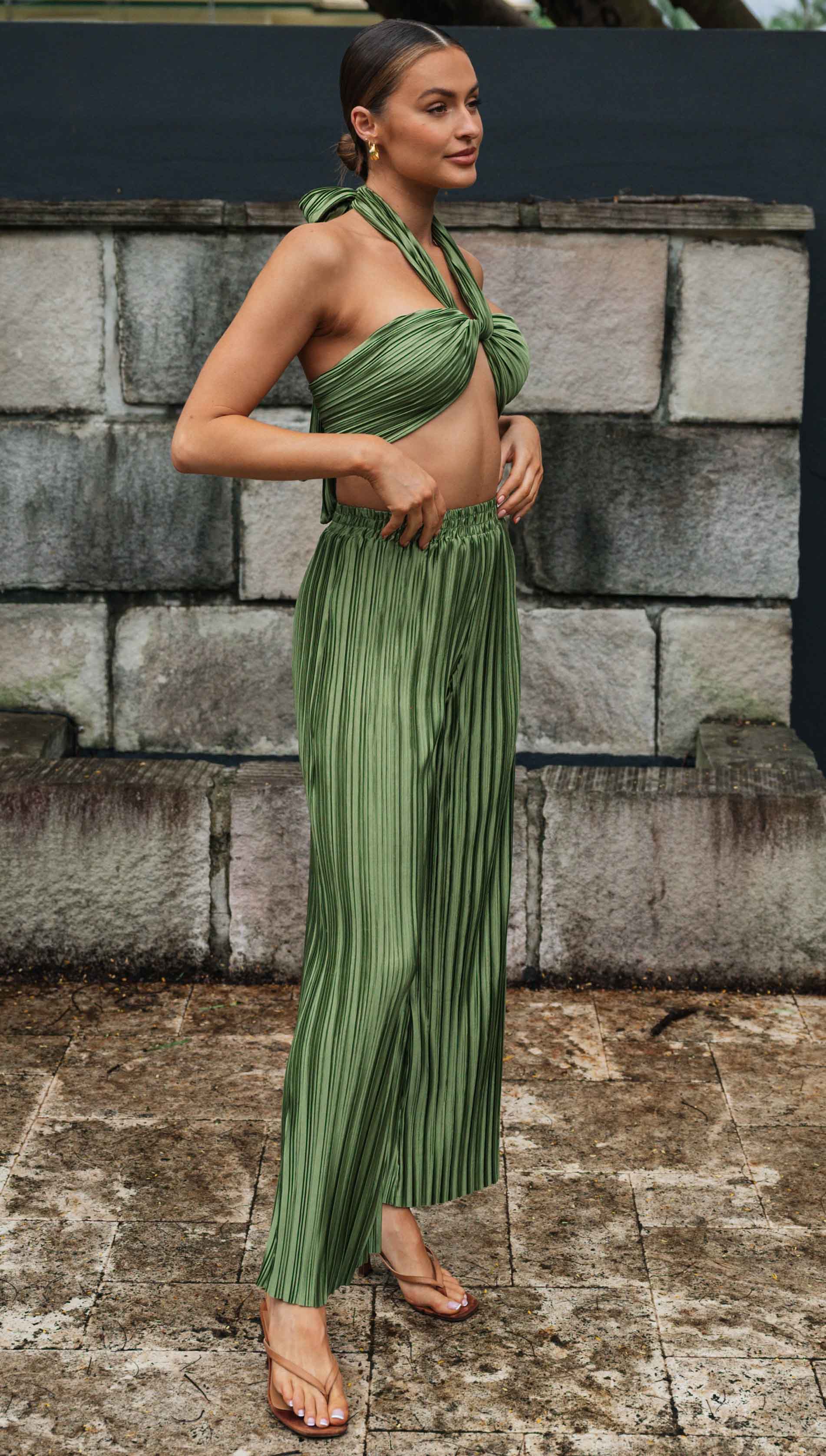 Two Piece Pleated Halter Pant Set