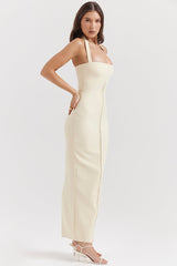 Halter Neck Backless Zipper Split Formal Party Maxi Dresses-Beige