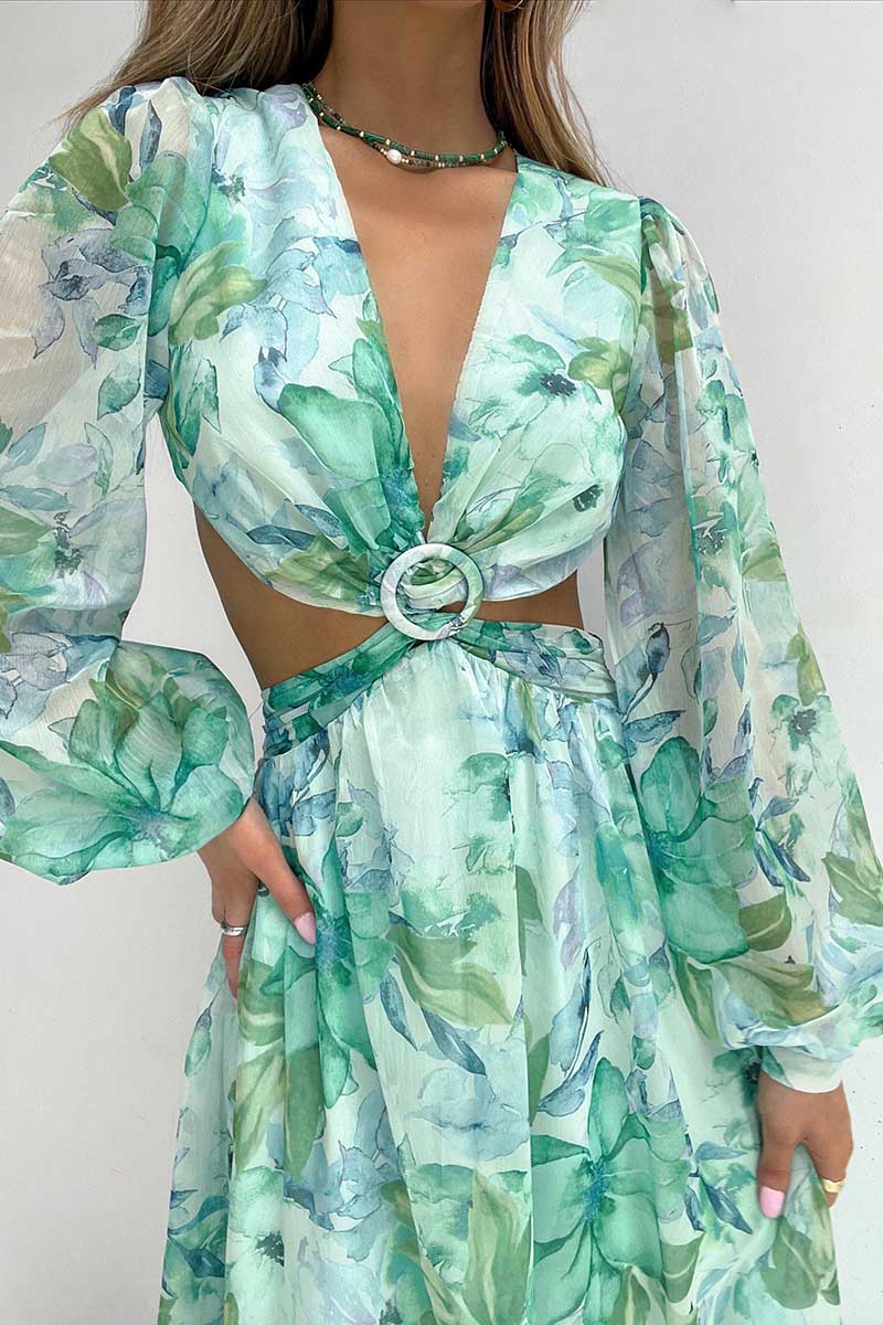 Deep V Neck Cutout Floral Print Ring Decor Long Puffy Sleeve Backless Vacation Maxi Dresses