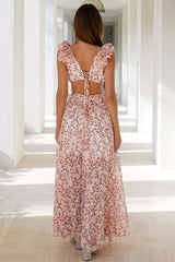 Deep V Neck Slim Ruffled Shoulder Backless Tied Up Cutout Floral Print Vacation Maxi Dresses