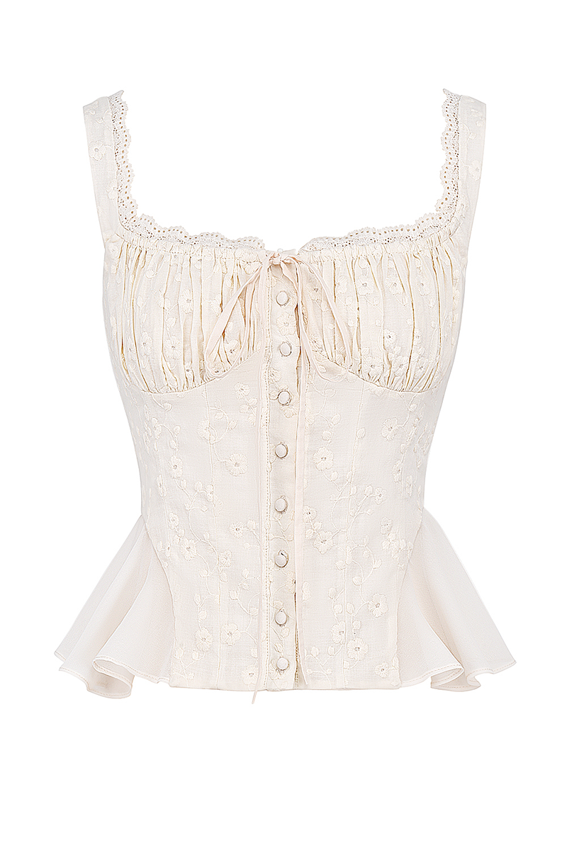 Floral Embroidery Ruffled Top Bodycon Maxi Skirt Matching Set-Ivory