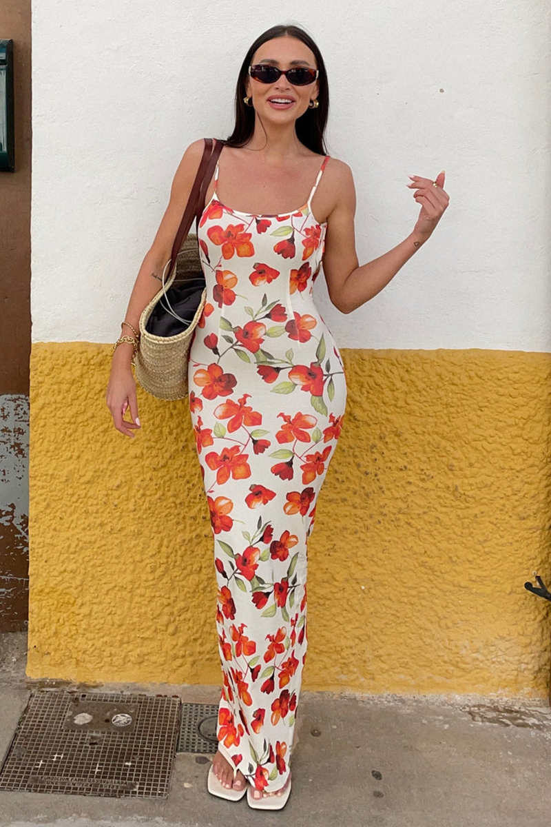 Floral Print Bodycon Open Back Maxi Strappy Dresses-Beige