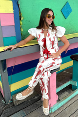 Lobster Print Puff Sleeve Tie Up Top Straight Leg Pants Matching Set-White