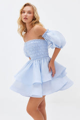 Off Shoulder Puff Sleeve Ruched A-Line Tulle Mini Dresses-Blue