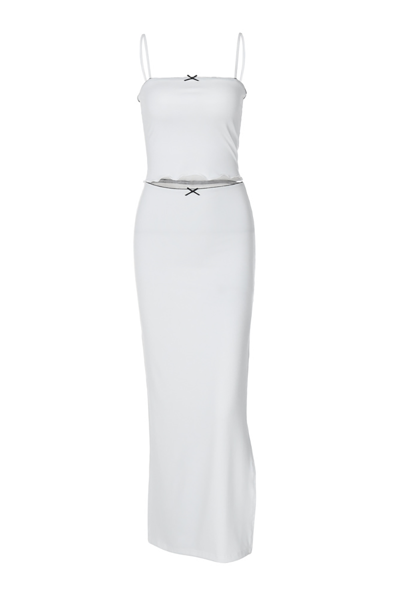 Crop Cami Slim Fit Side Slit Plain Maxi Skirt Matching Set-White