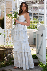 Floral Print Cami Corset Slit Tiered Hem Gowns Maxi Dresses-Blue