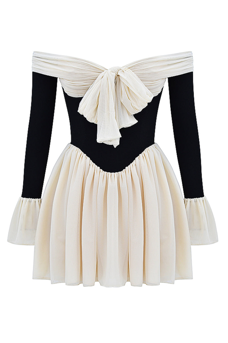 Off Shoulder Long Flare Sleeve Patchwork Knotted Pleated Hem Party Mini Dresses-White