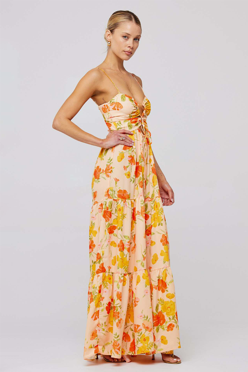 Floral Print Front Tie Up Spaghetti Strap Flowy Maxi Dresses-Orange