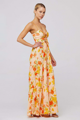 Floral Print Front Tie Up Spaghetti Strap Flowy Maxi Dresses-Orange