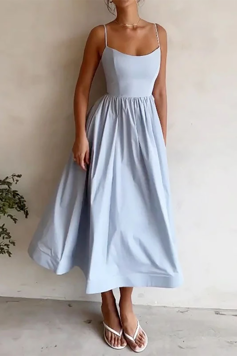 Solid Color U Neck Cinch Waist Spaghetti Strap Midi Dresses-Pink