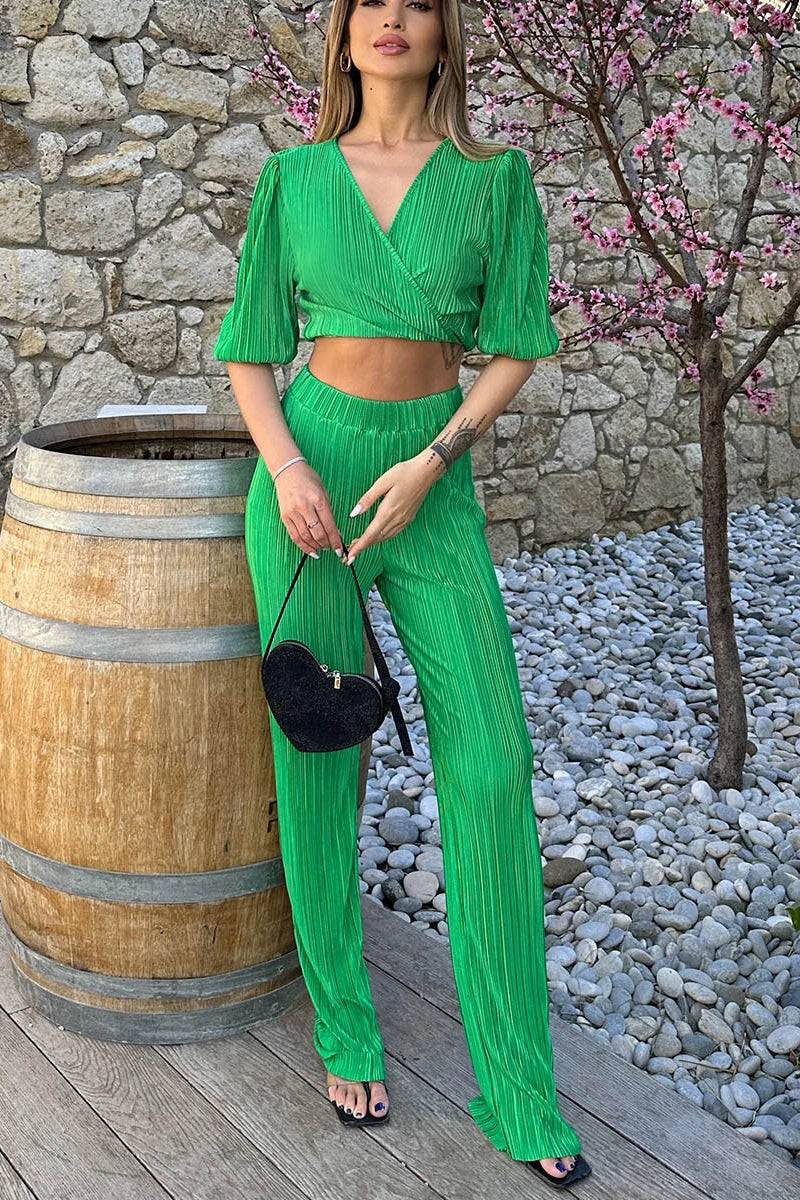 Haif Puffy Sleeve V Neck Tied Up Crop Top Straight Leg Pants Pleated Slim Matching Sets