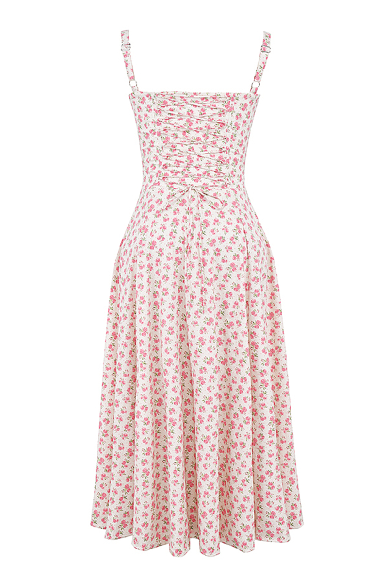 Ditsy Floral Print Front Tie Up Cinch Waist Slip Midi Dresses-Pink