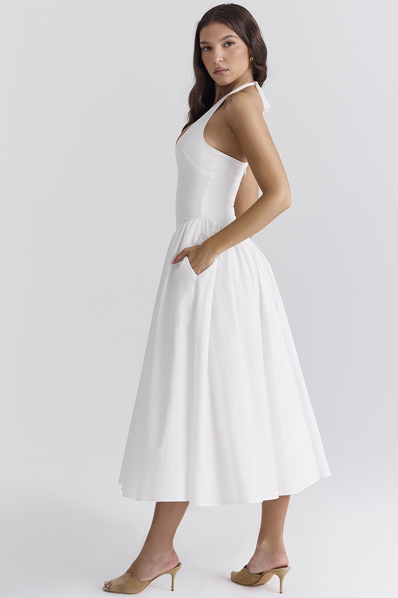 Deep V Neck Halter Cinch Waist Plain Midi Dresses-White
