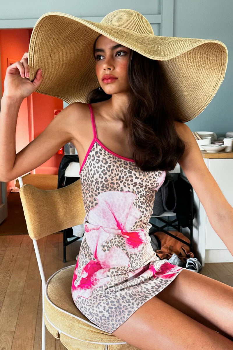 Leopard Floral Print Low Back Vacation Mini Slip Dresses-Brown