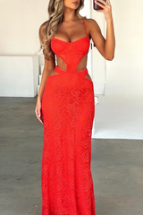 Spaghetti Strap Cut Out Slim Fit Lace Maxi Dresses-Orange