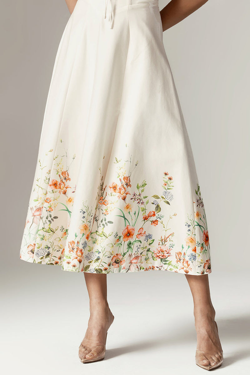 Floral Print Gathered Bust Corset A-Line Midi Slip Dresses-White