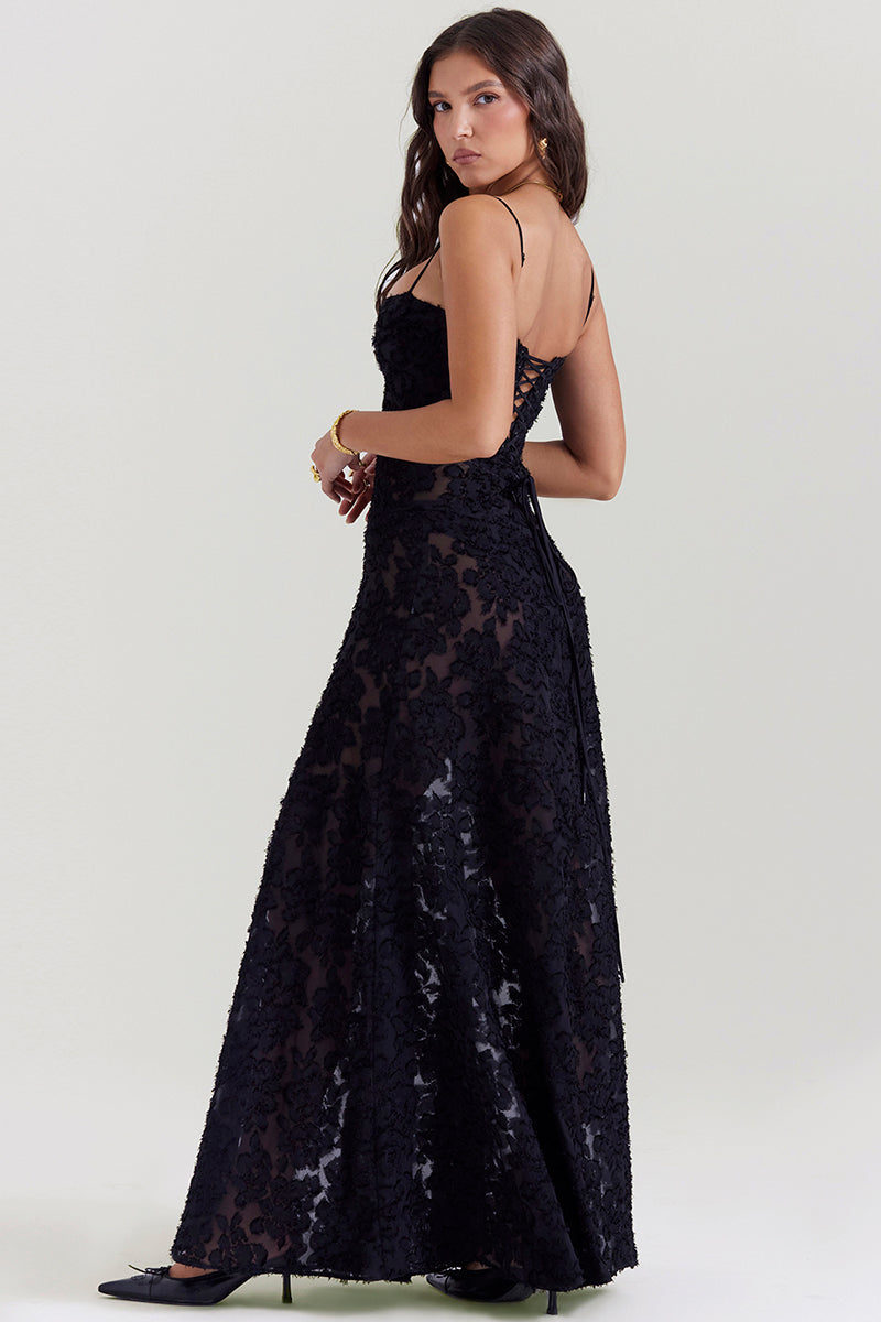 Floral Jacquard Lace Gothic Party Flowy Slip Maxi Dresses-Black