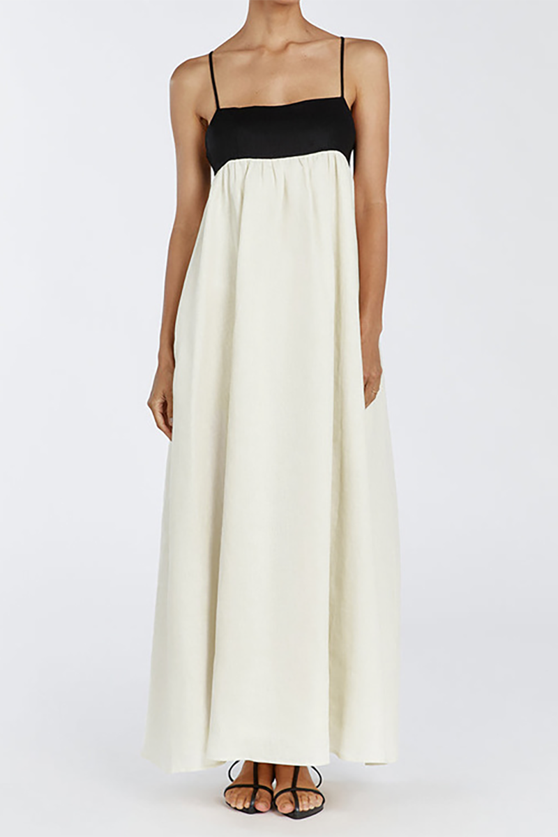 Spaghetti Strap Colorblock Loose Fit Open Back A-Line Maxi Dresses-Beige