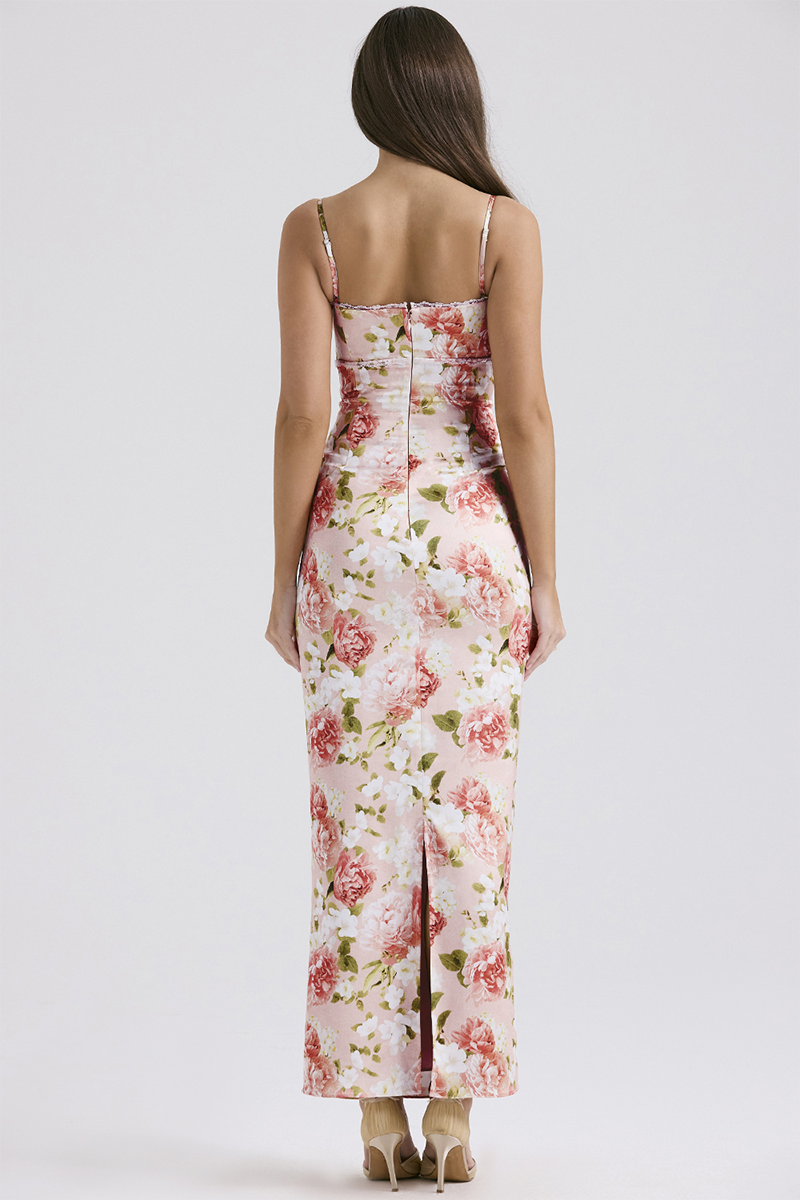 Floral Print Lace Trim Spaghetti Strap Back Slit Hem Slim Fit Maxi Dresses-Pink