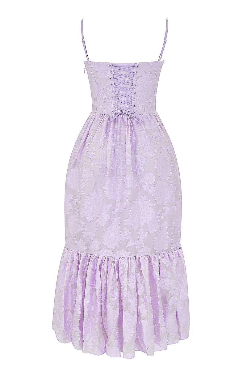 Square Neck Floral Jacquard Lace Up Corset Midi Dresses-Purple