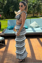 Knit Geometric Striped Pattern Crop Top Frilled Maxi Skirt Matching Set-Black