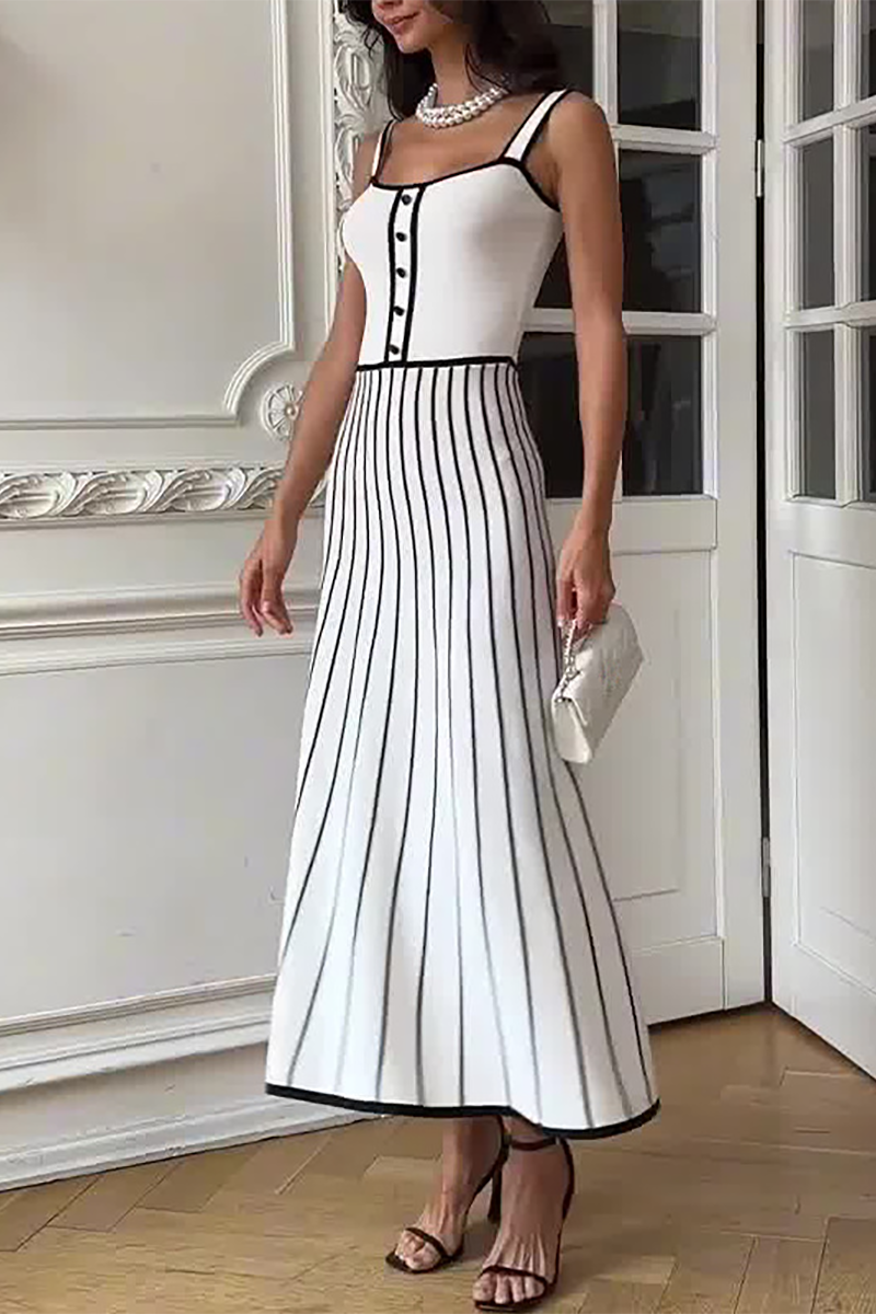 Knit Colorblock Trim Striped A-Line Slip Maxi Dresses-White