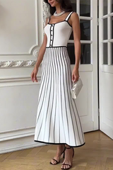 Knit Colorblock Trim Striped A-Line Slip Maxi Dresses-White