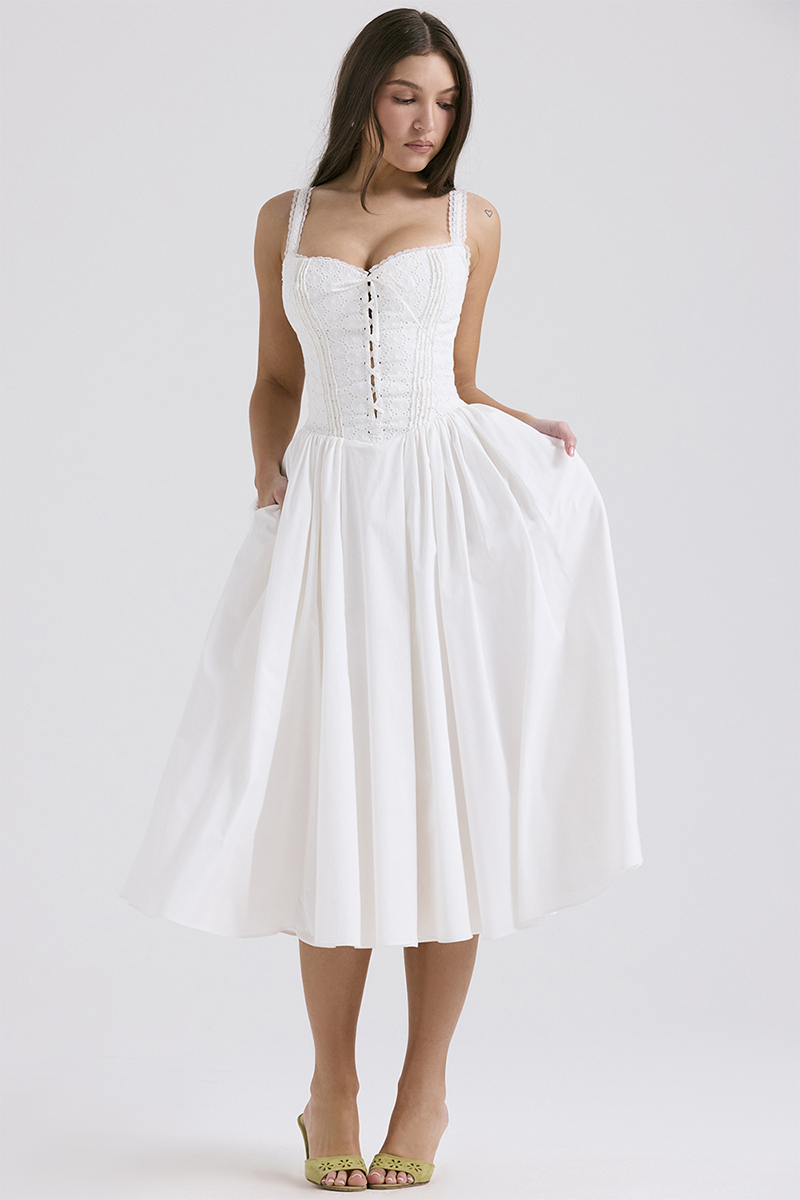 Lace Trim Front Lace Up Corset A-Line Slip Midi Dresses-White Pre Order