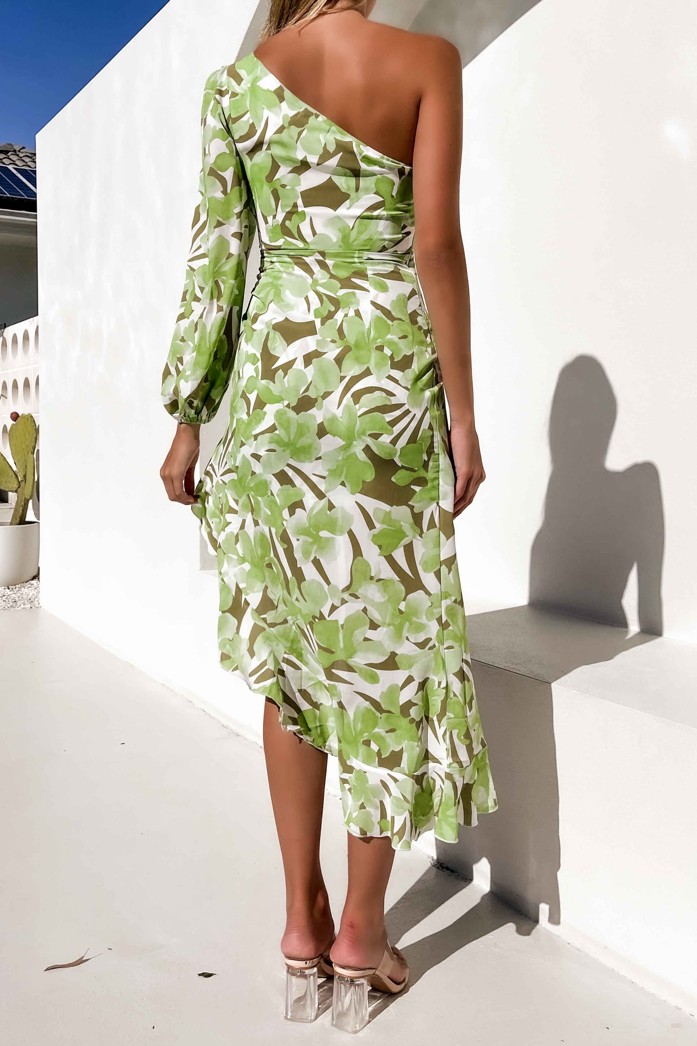 Y2K Fashions One Shoulder Print Irregular Ruffle Slit Midi Dresses
