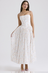 Ditsy Floral Print Boat Neck Corset Slip Midi Dresses-White