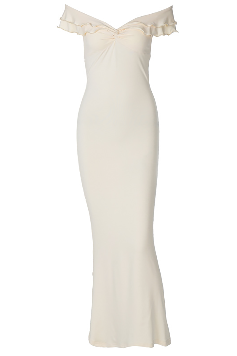 Ruffled Dropped Shoulder Twisted Ruched Slim Fit Maxi Dresses-Beige