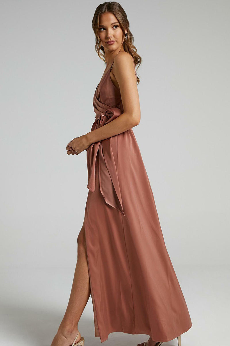 V Neck Knotted Split Gown Slip Maxi Dresses