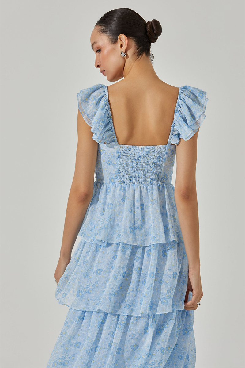 Ruffled Straps Tiered Flounced Slit Maxi Dresses-Blue