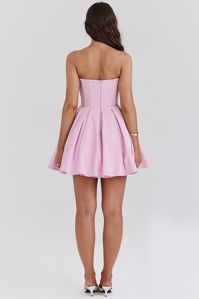Pleated Corset Strapless Sweetheart Neck Party Mini Dresses-Pink