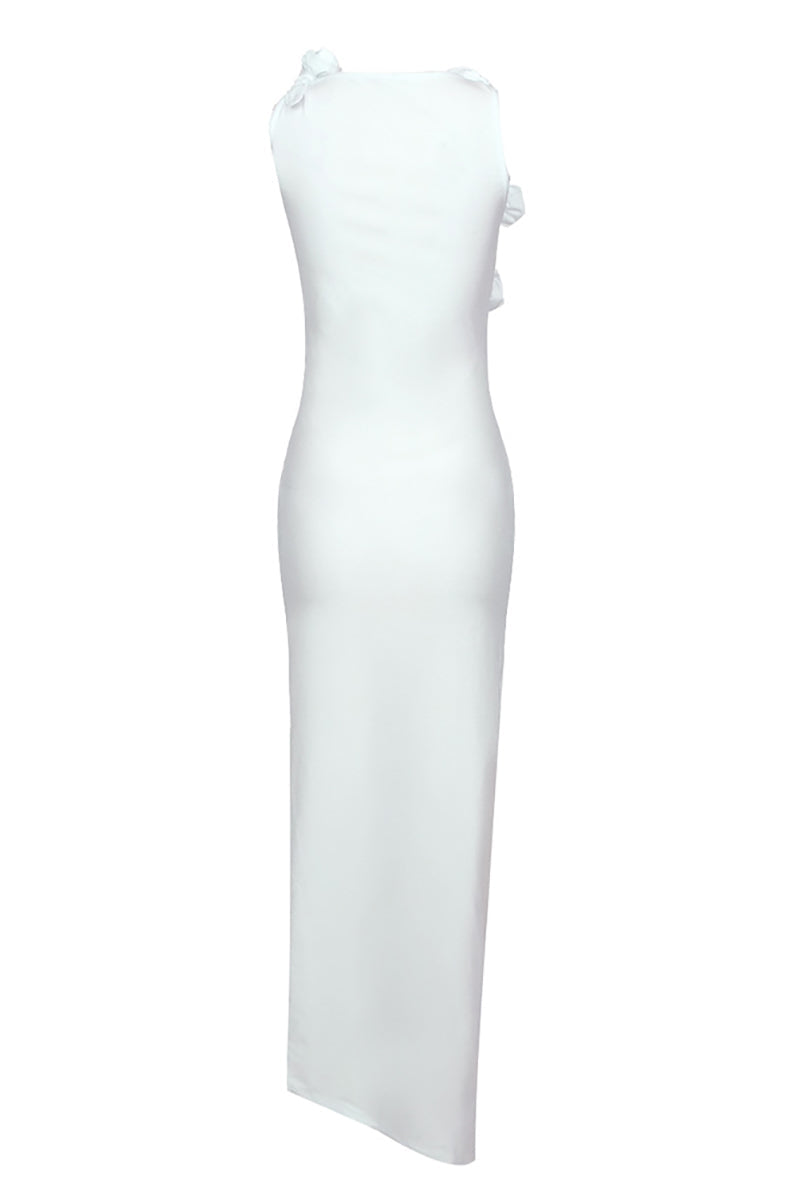 3D Flower Decor Asymmetric Neck Sleeveless Satin Formal Party High Slit Maxi Dresses