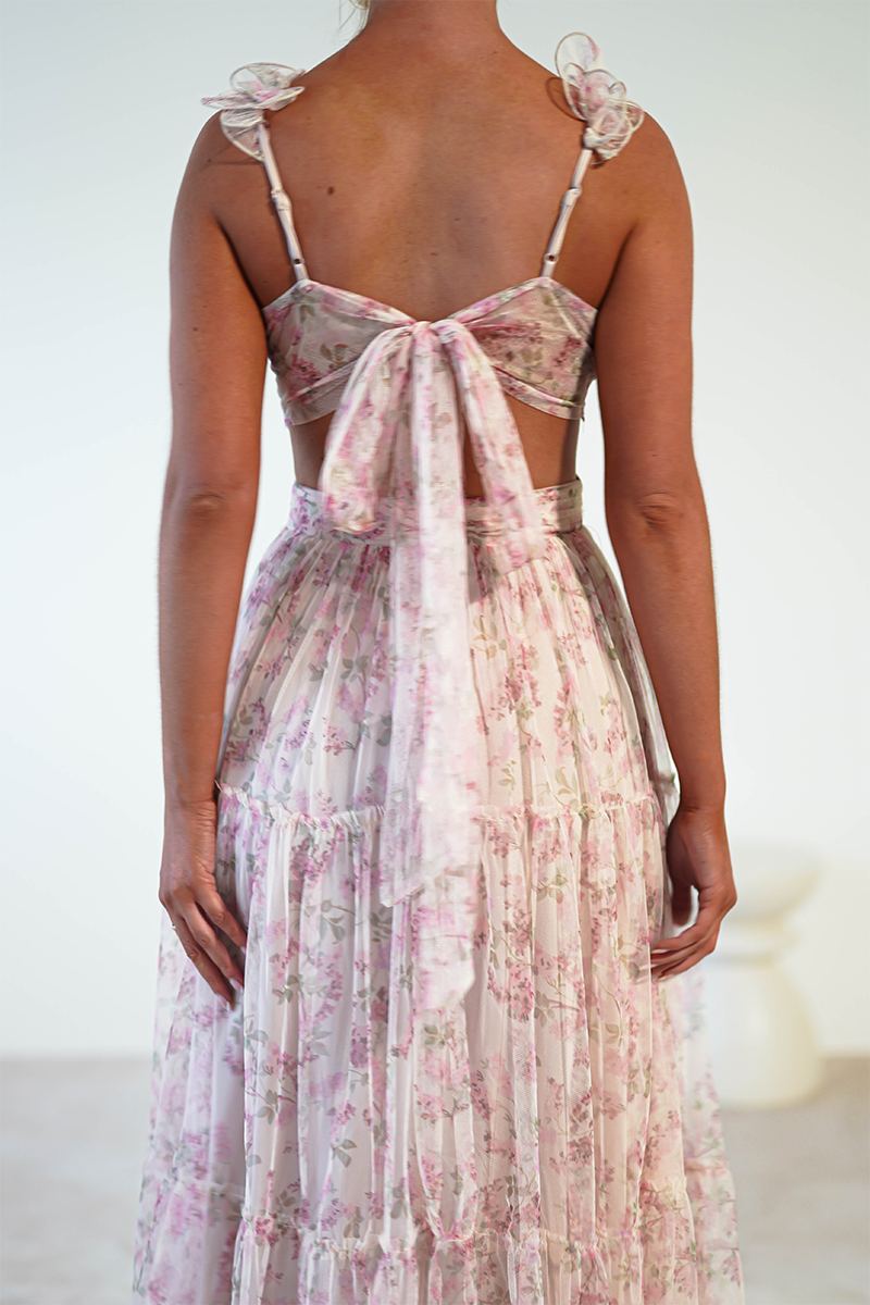 Ditsy Floral Print Frill Straps Backless Tulle Gowns Maxi Dresses-Pink