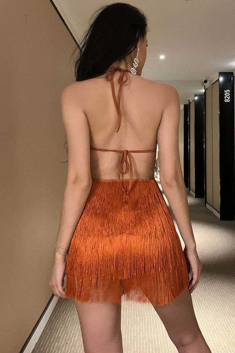 Halter Backless Tiered Tassel Garden Party Mini Dresses