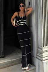 Colorblock Trim Knit Hollow Out Slit Side Maxi Slip Dresses-White
